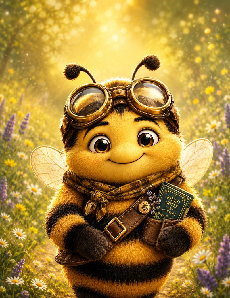 Bixbee BeeKind, a fuzzy bee in aviator goggles holding a book of field notes