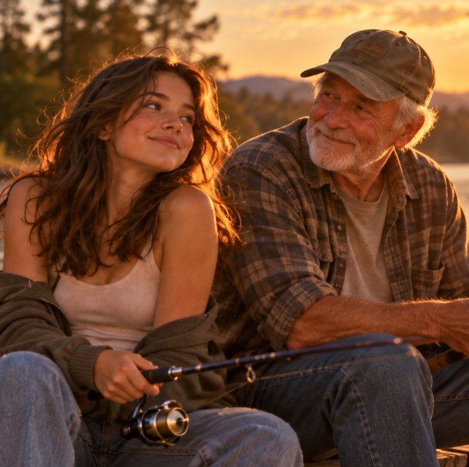 A grandfather and his granddaughter fishing together at sunset
